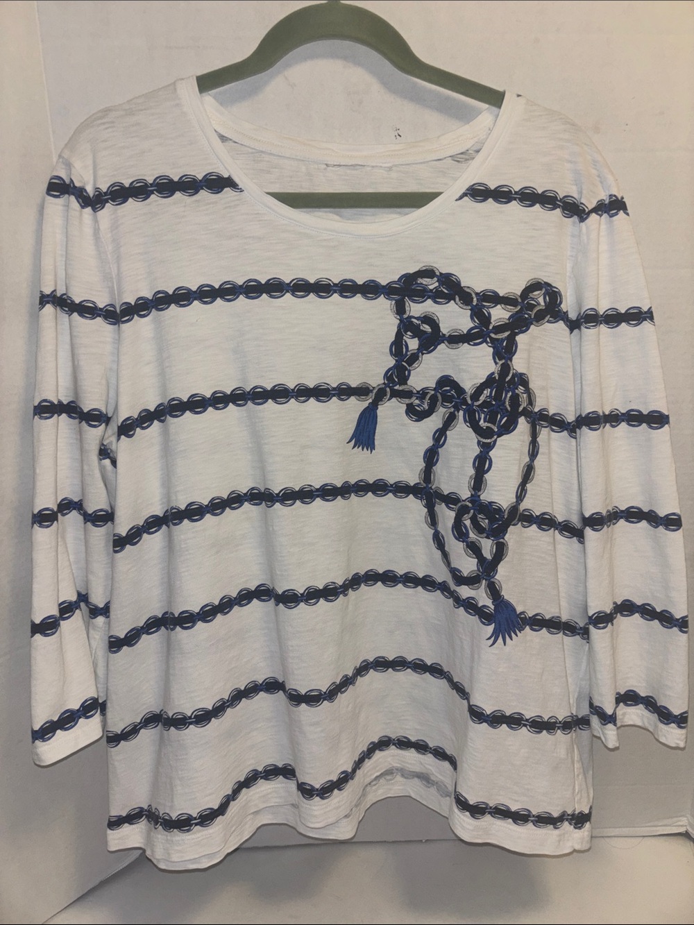 ZENERGY BY CHICOS WOMENS TOP NAVY WHITE BEADED ROPE NAUTICAL DESIGN SIZE L/XL